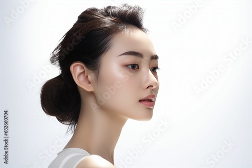 肌の綺麗な日本人女性の横顔（アジア人・白背景・背景なし） 