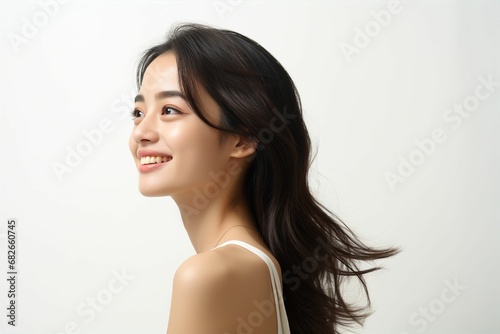 肌の綺麗な日本人女性の横顔（アジア人・白背景・背景なし） 