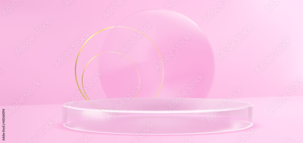 Glass transparent round product podiums - scene with pastel pink floor and wall. Realistic vector of plexiglass or plastic cylinder stand for goods display. Crystal or acrylic pillar platform mockup. Glass transparent round product podiums - scene with pastel pink floor and wall. Realistic vector of plexiglass or plastic cylinder stand for goods display. Crystal or acrylic pillar platform mockup.