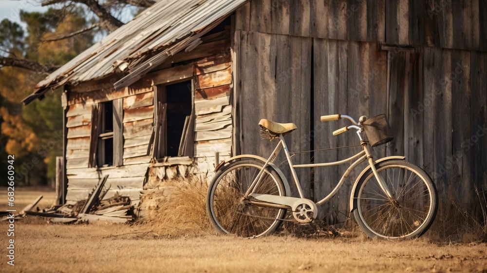 a bicycle parked in front of a log cabin a bicycle parked in front of a log cabin