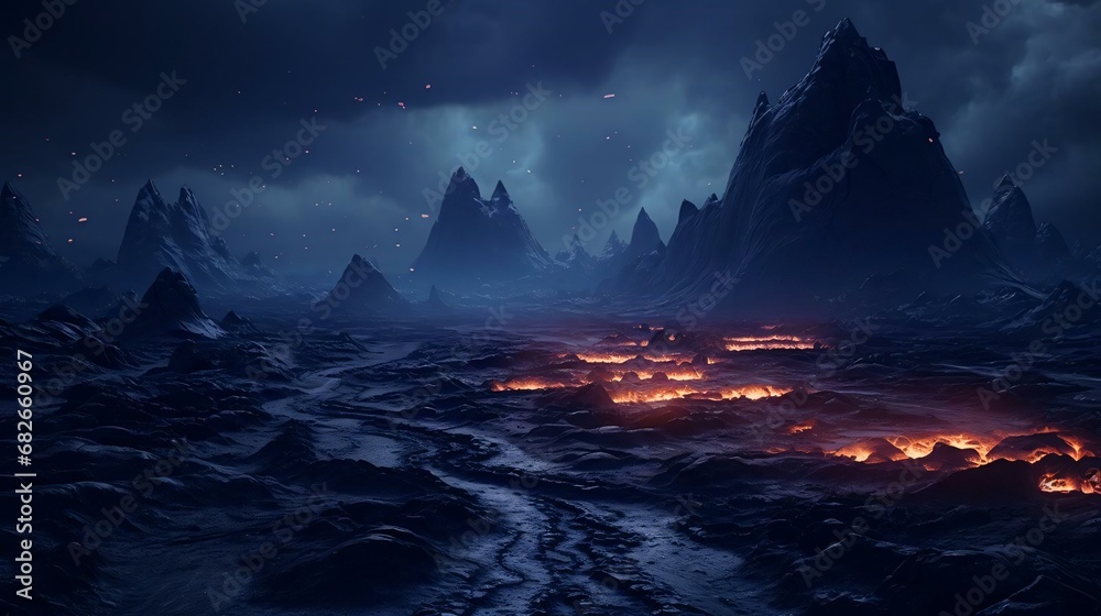 a video game showing a rocky landscape with a body of water and mountains