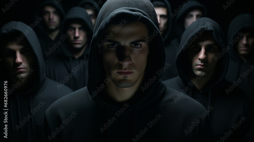 Fototapeta premium Young, attractive men in hoods against a backdrop of solid black