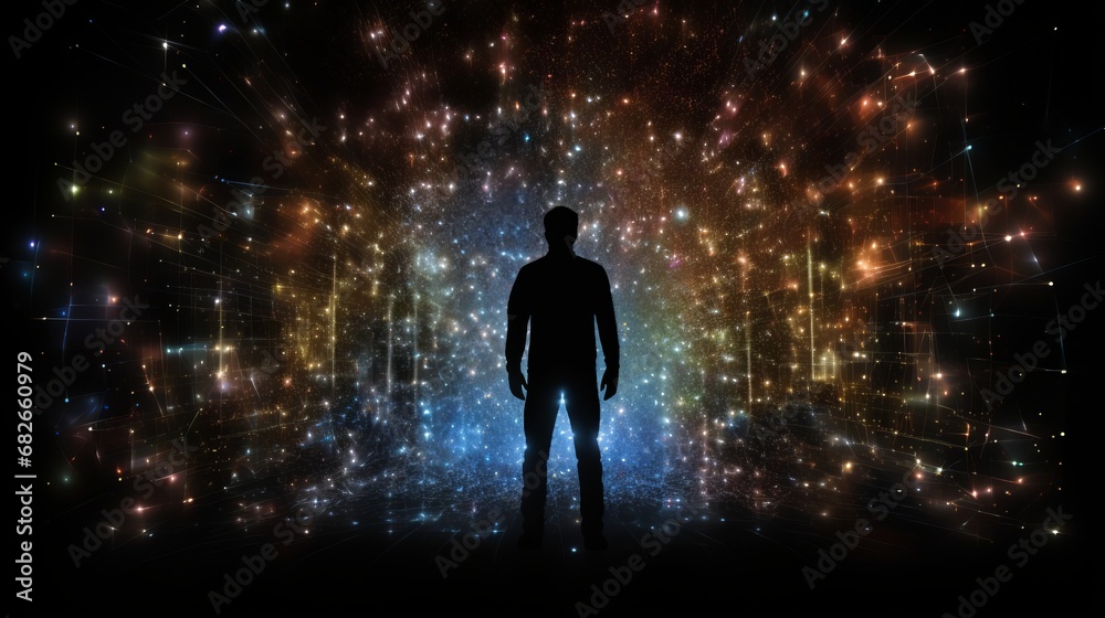 Silhouette of a person in the matrix, virtual reality, computer game. artificial intelligence and human. A man in the AI world
