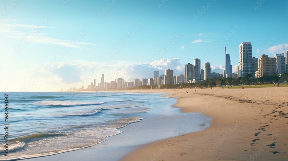 Photography of a tranquil secluded beach with a modern city Photography of a tranquil secluded beach with a modern city