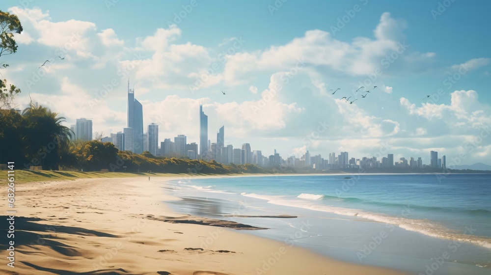 Photography of a tranquil secluded beach with a modern city