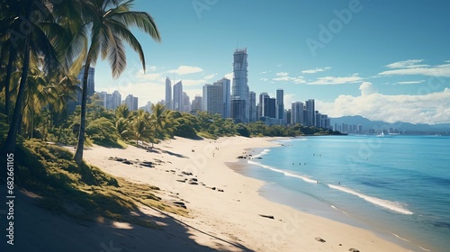 a beach with palm trees and a city in the background