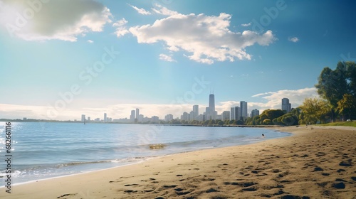 Photography of a tranquil secluded beach with a modern city