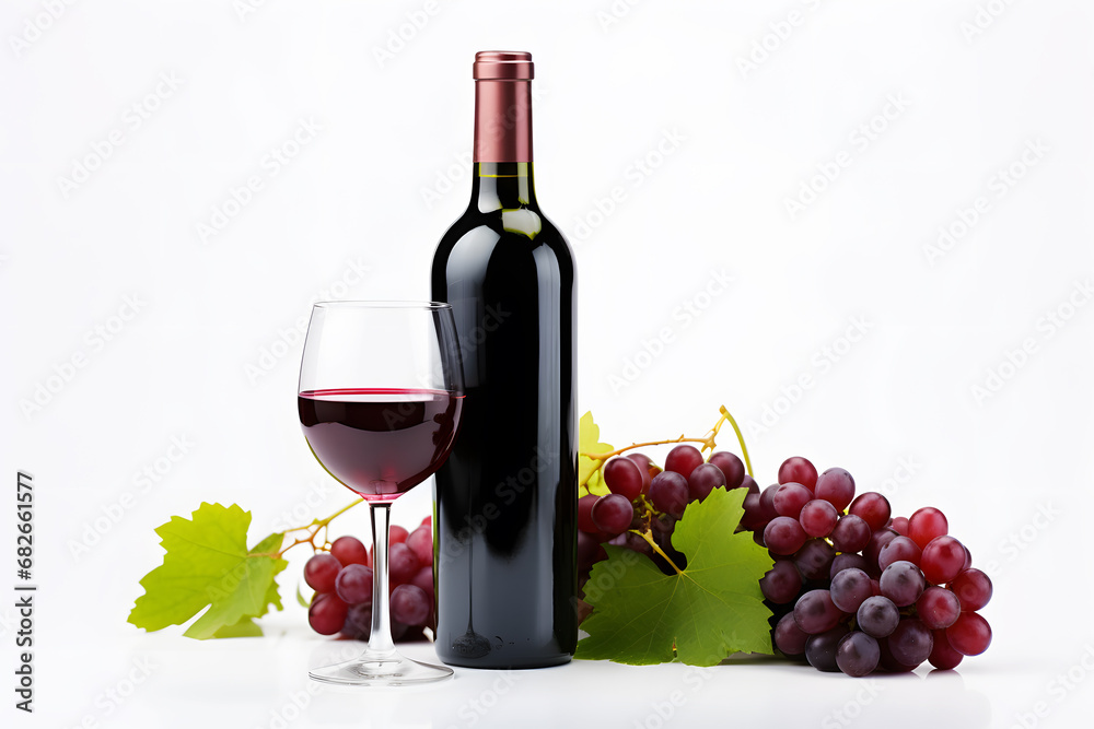 Wine bottle surrounded by wine glass,  red grapes and leaves