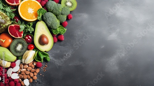 Healthy food clean eating selection fruit, vegetable, seeds, superfood, cereal, leaf vegetable on gray concrete background, generative ai