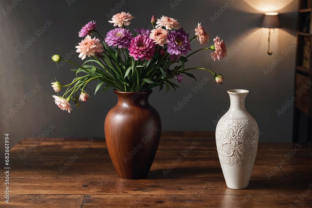 Arrangement of Freshly Cut Dahlia Flowers in a Rich Wooden Vase Arrangement of Freshly Cut Dahlia Flowers in a Rich Wooden Vase