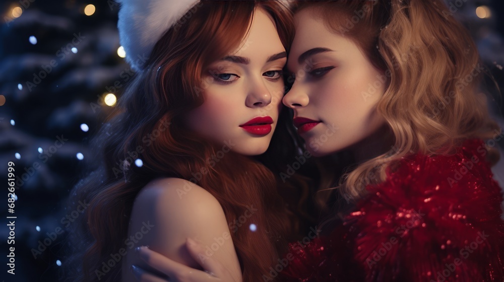 Hugging a couple of lesbian LGBT girls celebrating Christmas, Valentine's Day. LGBTQ couple smiling, hugging, couples of girls Hugging a couple of lesbian LGBT girls celebrating Christmas, Valentine's Day. LGBTQ couple smiling, hugging, couples of girls