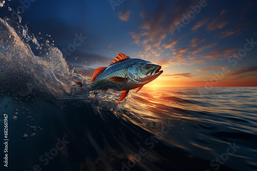 Generative AI Image of Fish Jumping Out of Sea Water with Sky View at Sunset © heartiny