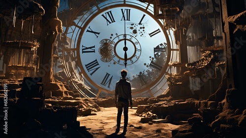 a man standing in a room with a large clock photo
