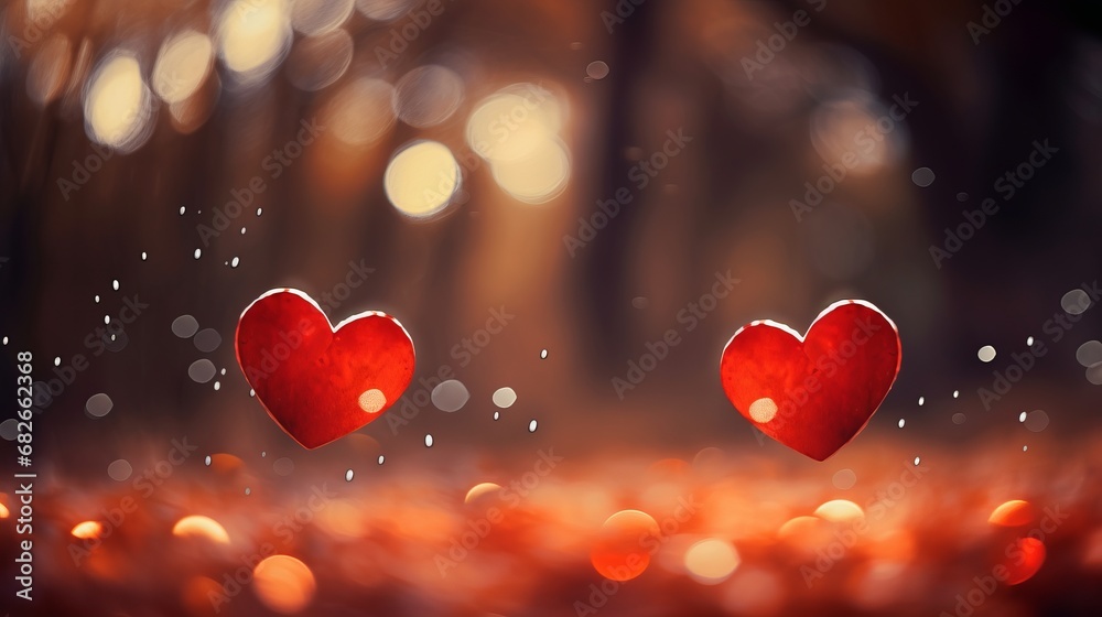 Two red hearts on a stylish romantic background with a beautiful bokeh. Love, relationships, dating. Valentine's day