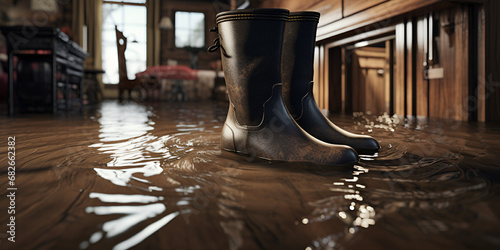 Boots Flooded House Closeup - Home Rain Flood Detail photo