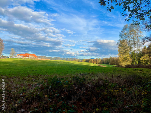 Panorama. Lonely beautiful autumn tree. Autumn Landscape. Czech Republic. Jetrichovice, Vysoka Lipa photo