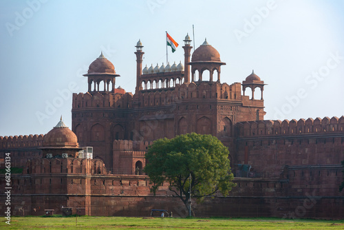 Red Fort or Lal Qila with Indian Flag. UNESCO World Heritage Site