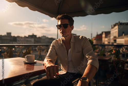 Man with sunglasses drinking a cup of coffee in a rooftop cafe photo