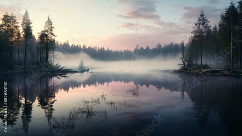a foggy lake with trees and a sunset