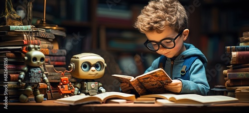 Young boy immersed in reading surrounded by books and robots photo