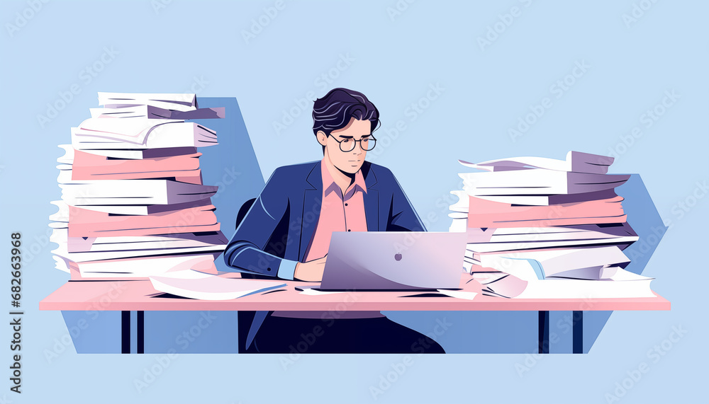 man with huge stacks of paperwork at the desk illustration