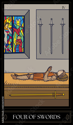 Tarot Card Illustration isolated on white background. four of swords