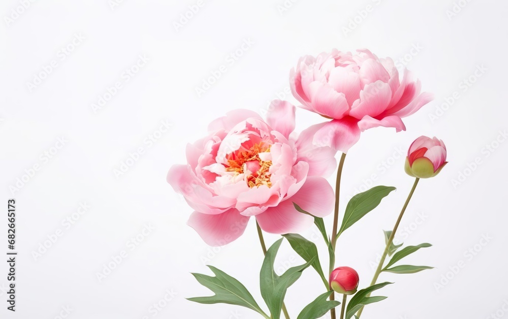 Happy start of spring poster. Pink peony bouquet isolated on white background. Spring flowers, fresh greenery, leafs, stems. Botanical composition in pastel colors. Sale banner design. AI Generative. Happy start of spring poster. Pink peony bouquet isolated on white background. Spring flowers, fresh greenery, leafs, stems. Botanical composition in pastel colors. Sale banner design. AI Generative.