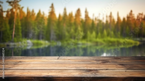 The empty wooden brown table top with blur background of Finland nature. Exuberant image. generative AI