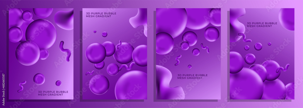 3d abstract purple bubble mesh gradient cover background design set - obrazy, fototapety, plakaty 