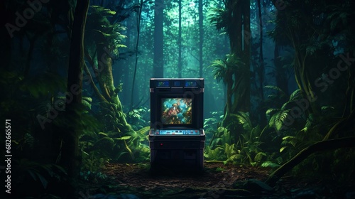 a video game console in a forest photo