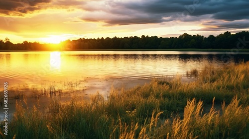 a body of water with grass and trees around it photo