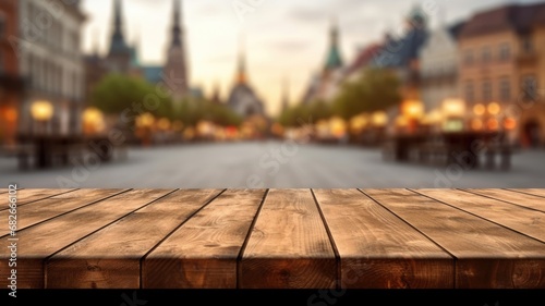 The empty wooden table top with blur background of town square. Exuberant image. generative AI