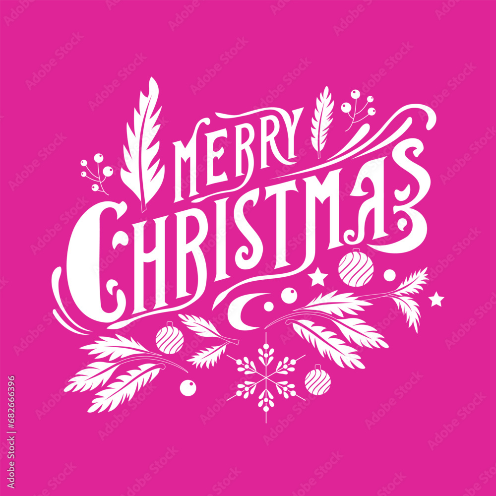 An illustration of the typography design of “Merry Christmas” and holiday elements on a pink background
