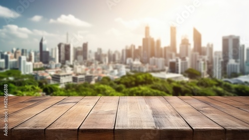The empty wooden table top with blur background of downtown business district. Exuberant image. generative AI © Summit Art Creations