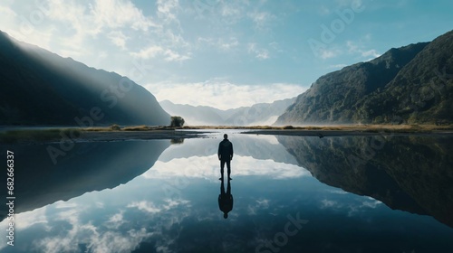 a person standing on a rock in a lake surrounded by mountains © KWY