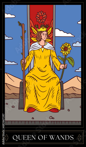 Tarot Card Illustration isolated on white background. queen of wands