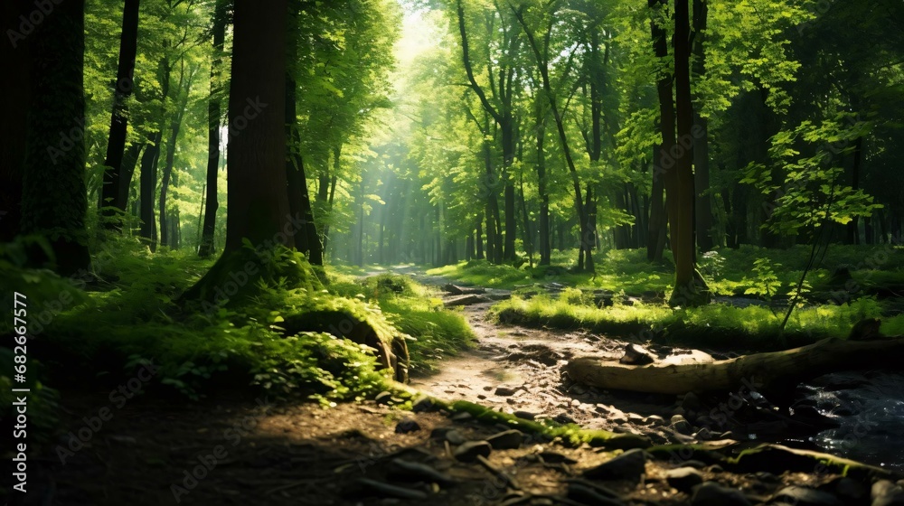 Obraz premium a forest with trees and a fallen tree