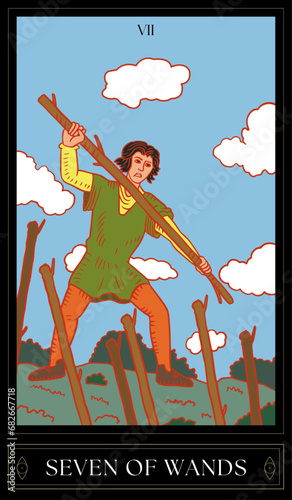 Tarot Card Illustration isolated on white background. seven of wands