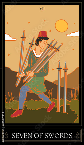 Tarot Card Illustration isolated on white background. seven of swords
