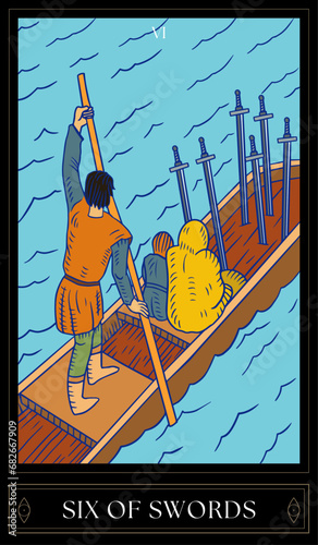 Tarot Card Illustration isolated on white background. six of swords