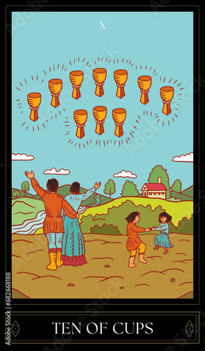 Tarot Card Illustration isolated on white background. ten of cups
