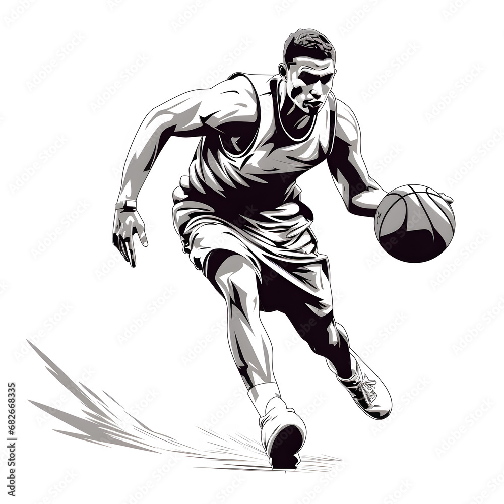 Basketball player line art, Basketball player in action, basketball player with ball on white background.