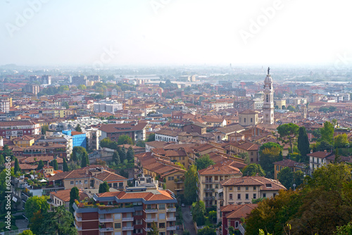 Bergamo. One of the beautiful city in Italy. Landscape at the old town from San Vigilio hill. Amazing view of the towers  bell towers and main churches. Touristic destination. Best of Italy