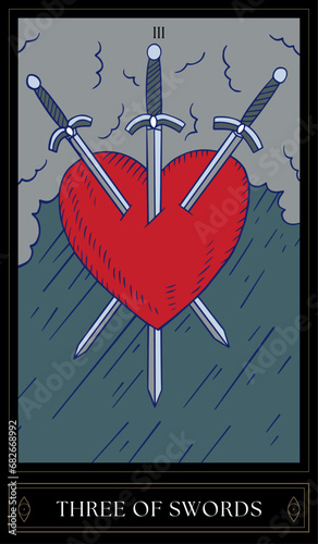 Tarot Card Illustration isolated on white background. three of swords
