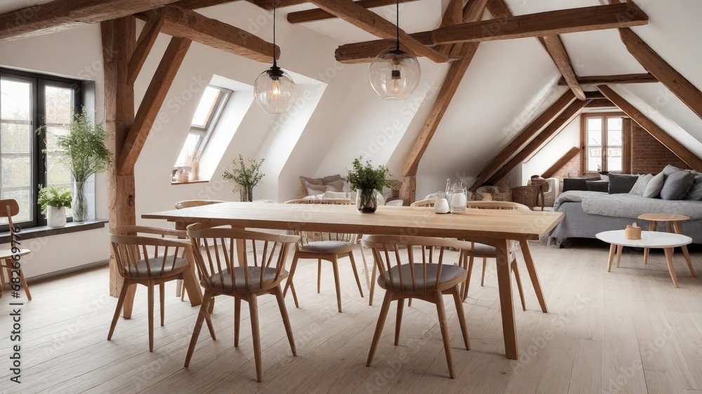 Attic Dining Retreat: Scandinavian Dining Table and Chairs with Wood Beams - Modern Interior Design Inspiration