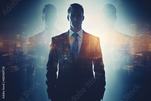 Double silhouette exposure of a mysterious businessman reflects on a window or glass with orange and blue flare light and city art work concept. Generative AI.