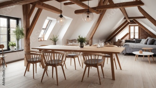 Attic Dining Retreat  Scandinavian Dining Table and Chairs with Wood Beams - Modern Interior Design Inspiration