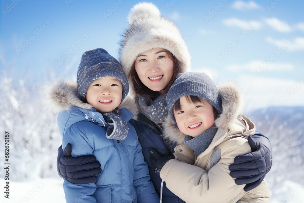 冬の青空の下で雪遊びをする日本人の親子（雪景色・ 笑顔・家族）