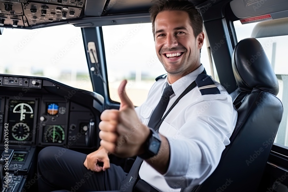 confident male pilot showing his thumb up and smiling while sitting in cockpit