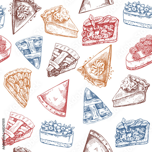 Seamless pattern of hand-drawn traditional cakes, tarts and pies in sketch style. Sweet bakery. Top view. Thanksgiving, Christmas.